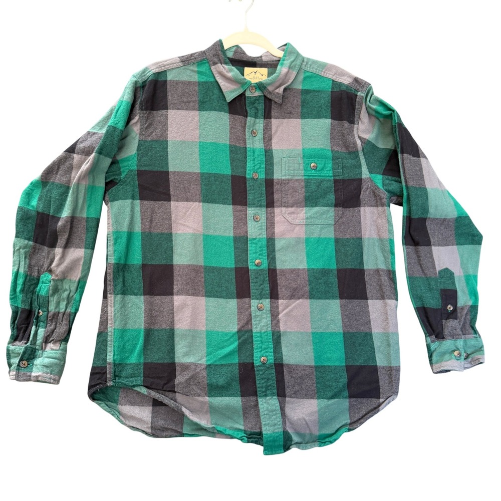Blue Mountain Flannel Shirt Mens‎ Large Green Plaid Cotton Button Down Outdoor